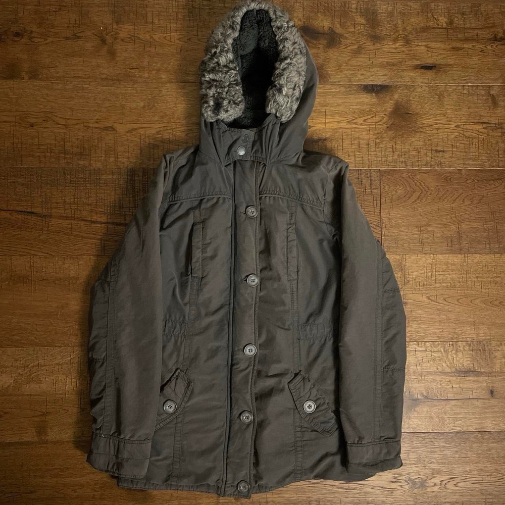 Aeropostale Hooded Jacket Womens M Brown Grey Y2K Military Faux Fur Parka Coat
